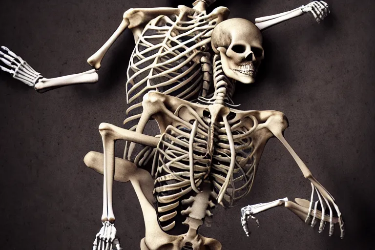 Prompt: a skeleton getting covered by flesh, skin and the human body in a morbid way, intricate and epic composition,, insanely quality, highly detailed, masterpiece, 4 k