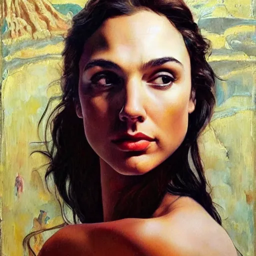 Image similar to Oil painting the beautiful woman Gal Gadot, she has withe old cloths, she is wearing surreal ornates, naturalism, dramatic lighting, high-detailed oil painting by Ilya Repin, Michelangelo da Caravaggio, William Blake, Alex Grey and Beksinski, trending on Artsatio, masterpiece, 4k, 8k,