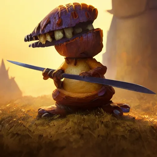 Image similar to medieval battle toast, a slice of toasted bread with a face, arms and legs, holding a sword, cute, pixar, volumetric lighting, dynamic composition, fantasy, hyper detailed, ultra realistic, sharp focus, octane render, concept art by ruan jia and heng z and artem