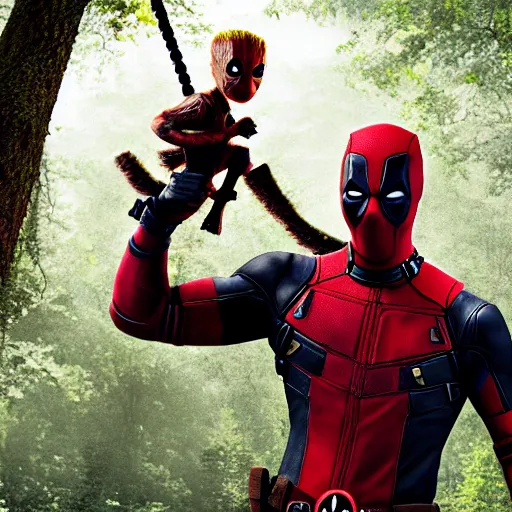 Image similar to deadpool and groot in the woods playing digital art 4 k detailed