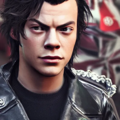 Prompt: a videogame still of Harry Styles in Tekken 7, portrait, 40mm lens, shallow depth of field, close up, split lighting, cinematic