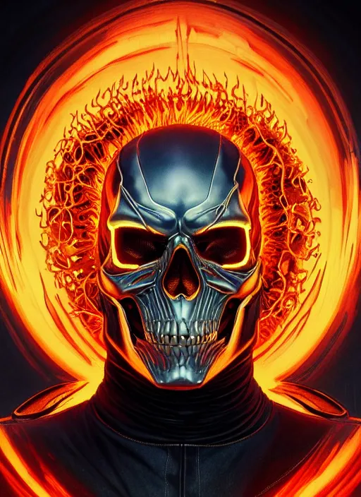 Prompt: symmetry!! portrait of ghost rider, sci - fi, tech wear, glowing fire!! intricate, flames around skull, elegant, highly detailed, digital painting, artstation, concept art, smooth, sharp focus, illustration, art by artgerm and greg rutkowski and alphonse mucha