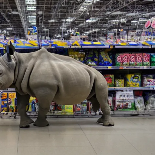 Image similar to a rhino in a walmart, photography, high resolution 8 k,