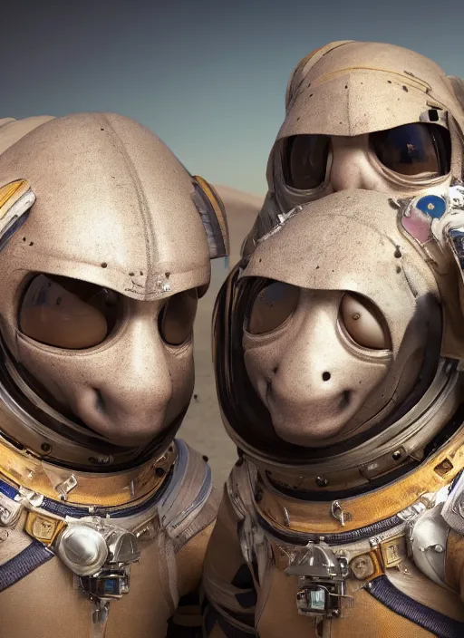 Image similar to group closeup portrait of medieval goblins wearing spacesuits on mars, depth of field, zeiss lens, detailed, symmetrical, centered, fashion photoshoot, by annie leibovitz and steve mccurry, david lazar, jimmy nelsson, breathtaking, 8 k resolution, extremely detailed, beautiful, establishing shot, artistic, hyperrealistic, beautiful face, octane render