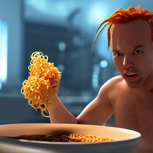 Image similar to Korbin Dallas from the movie The Fifth Element eating a bowl of ramen, 8k resolution, extremely detailed, octane render