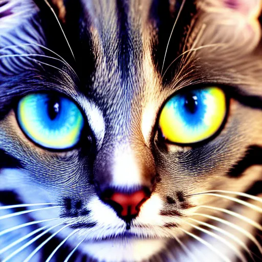 Image similar to epic professional oil painting of a grey and brown striped cat with blue eyes, epic, stunning, gorgeous, intricate detail, much wow, 4K, masterpiece