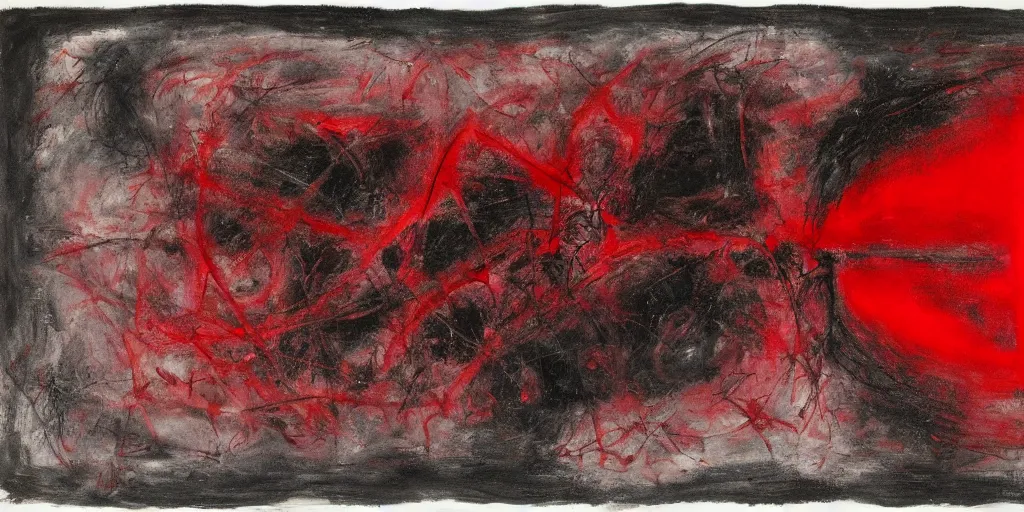 Image similar to a black and red crimson biomechanical talisman of eternal knowledge, aurora borealis, eclipse by maggi mcdonald, jackson pollock, mark rothko, sabina klein