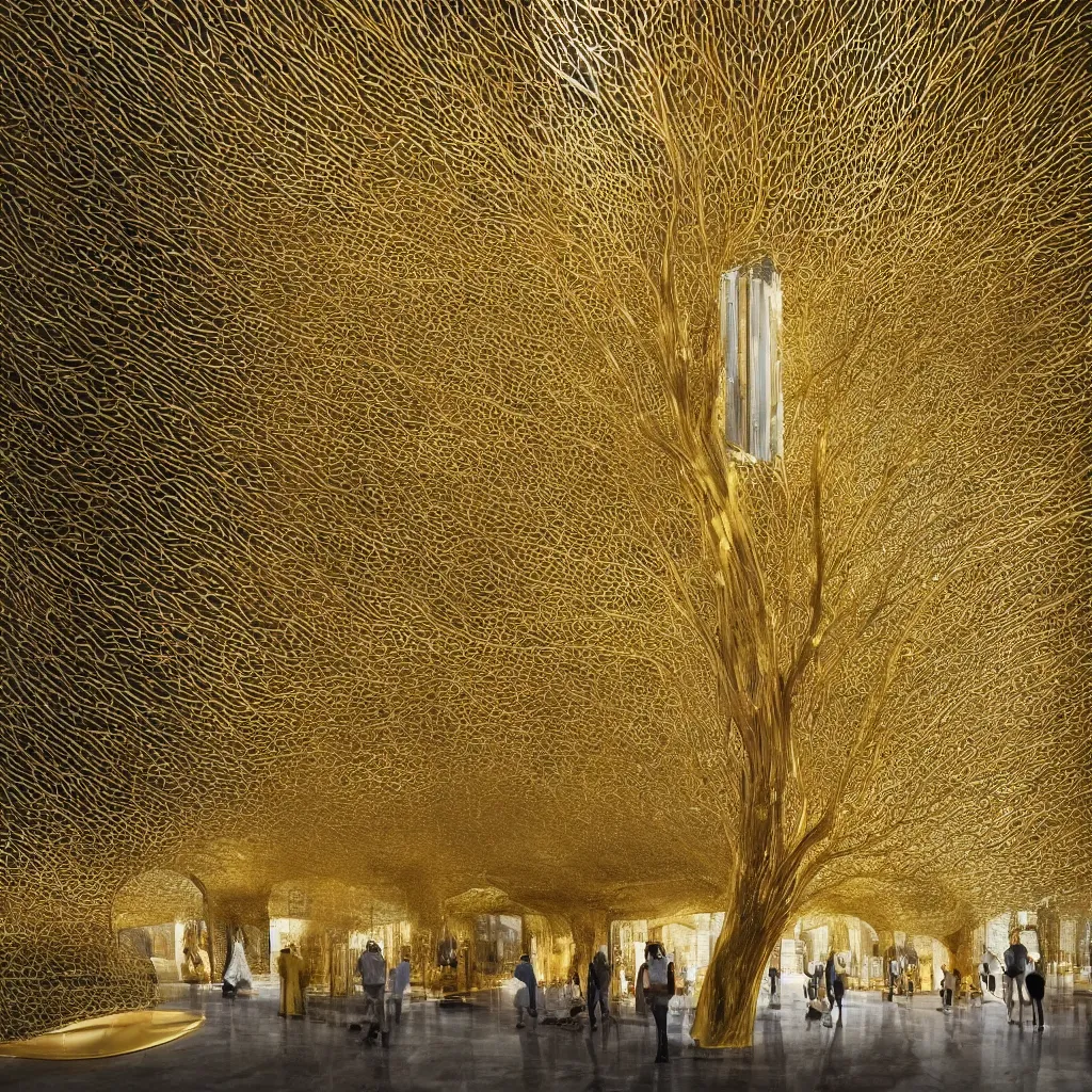 Prompt: “ a golden tree surrounded by glass bubbles containing light beings inside of an egyptian golden library designed by zaha hadid 2 1 million years in the past, highly detailed in 4 k ”