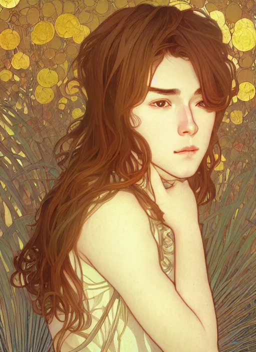 Prompt: pretty young man with shoulder length shiny shimmering golden blond hair, path traced, highly detailed, high quality, digital painting, by studio ghibli and alphonse mucha, leesha hannigan, beautiful details, soft and warm