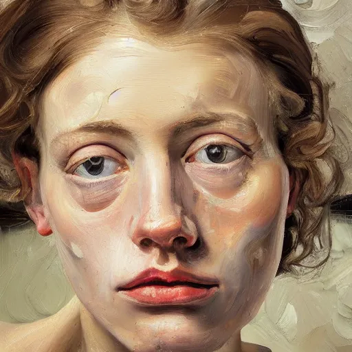 Image similar to high quality high detail oil painting of a young woman by lucian freud, thick brushstrokes, hd, photorealistic lighting