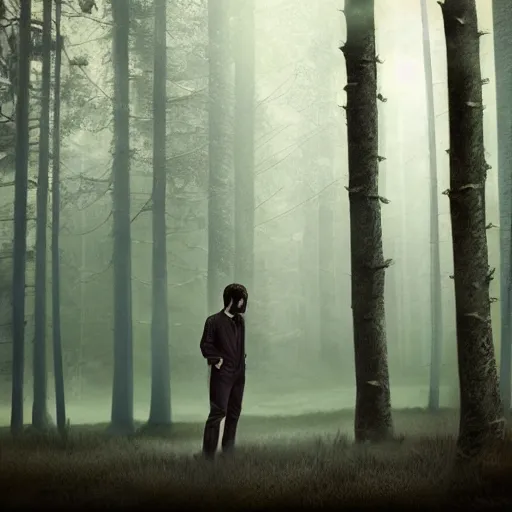 Image similar to a long, dark haired man, 2 8 years old, five o'clock shadow casually dressed, cinematic, gloomy forest background, realistic, digital art, character art, 8 k