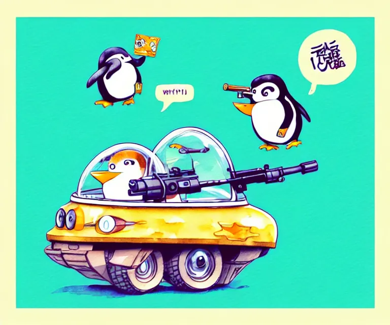 Prompt: cute and funny, penguin riding in a tiny tank with large gun, ratfink style by ed roth, centered award winning watercolor pen illustration, isometric illustration by chihiro iwasaki, edited by range murata, tiny details by artgerm and watercolor girl, symmetrically isometrically centered, sharply focused