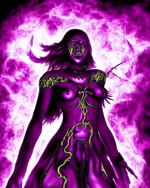 Prompt: pyromancer devil girl cover in purple death flames, deep pyro colors, purple laser lighting, award winning photograph, radiant flares, intricate, various refining methods, micro macro autofocus, evil realm magic painting vibes