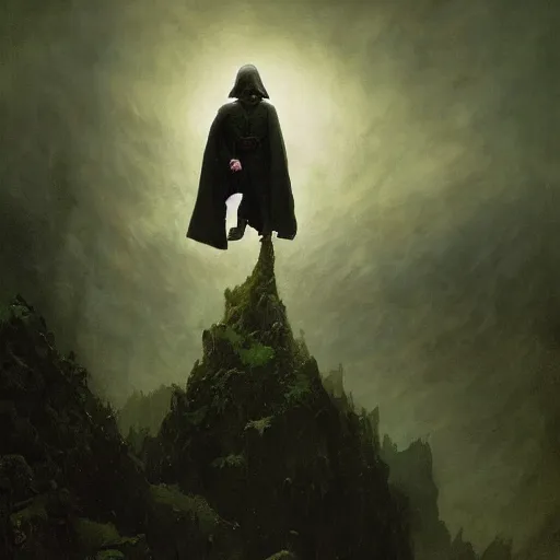 Image similar to portrait of small pale cowardly hobbit man wearing dark cloak, funny artwork, looking terrified, close shot, round face, fantasy artwork, dnd, looking sideways, high fantasy, by karl spitzweg, whimsical