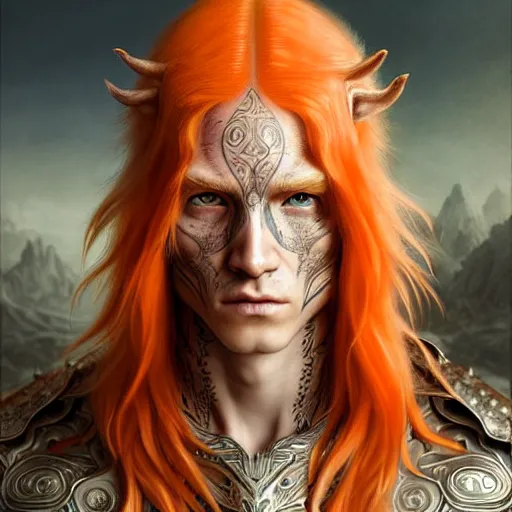 Image similar to portrait painting of an elven male teen with short light orange hair and tribal tattoos on his face wearing fur armor, ultra realistic, concept art, intricate details, eerie, highly detailed, photorealistic, octane render, 8 k, unreal engine. art by artgerm and charlie bowater and magali villeneuve and alphonse mucha