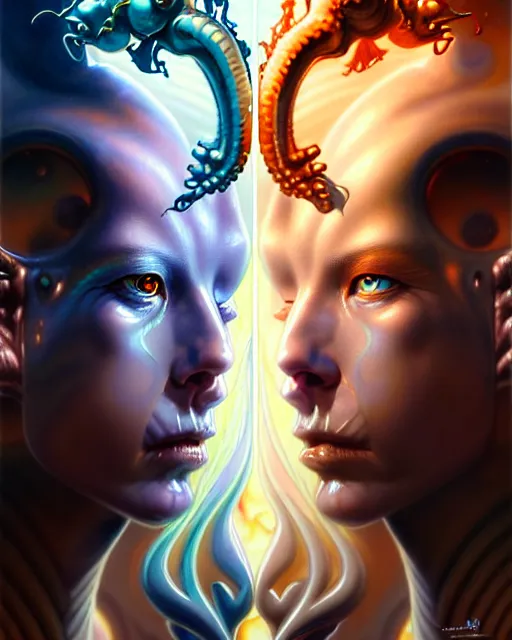 Image similar to a portrait of gemini water and fire fantasy character portrait facing each other, ultra realistic, wide angle, intricate details, the fifth element artifacts, highly detailed by peter mohrbacher, hajime sorayama, wayne barlowe, boris vallejo, aaron horkey, gaston bussiere, craig mullins