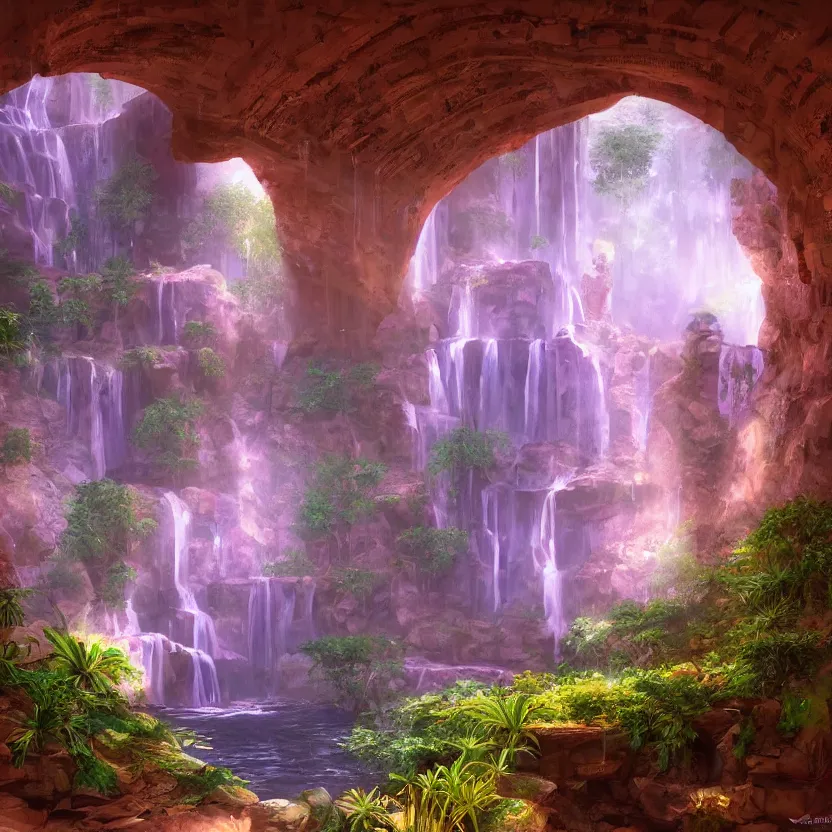 Image similar to a waterfall in the interior of a ancient arabian structure, epic retrowave art, trending on art station