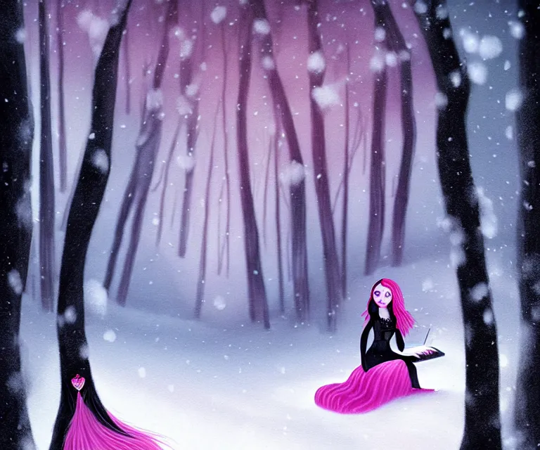 Image similar to a beautiful face gothic girl, pink hair in a stunning black dress playing a piano in the dark snowy forest by zatzka, hans, matte painting, illustration