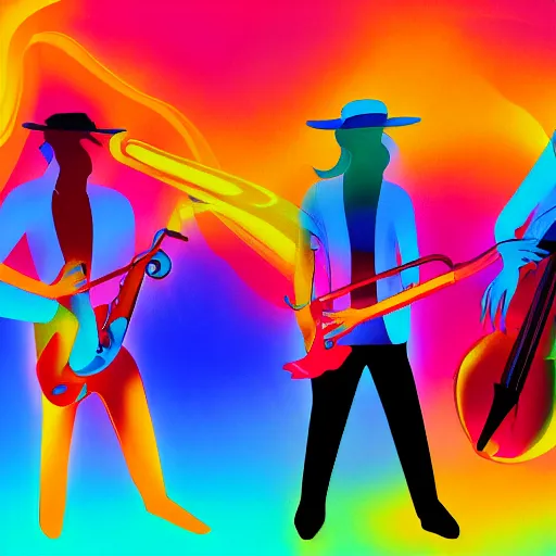 Image similar to a guitarist, sax player, drummer, and a keyboard player on stage with professional lighting. jazz. party. fun. abstract. oil paint. volumetric lighting. digital image. highly saturated. whimsical. digital art, octane, ue 5, 8 k, 4 k, hq, concept art