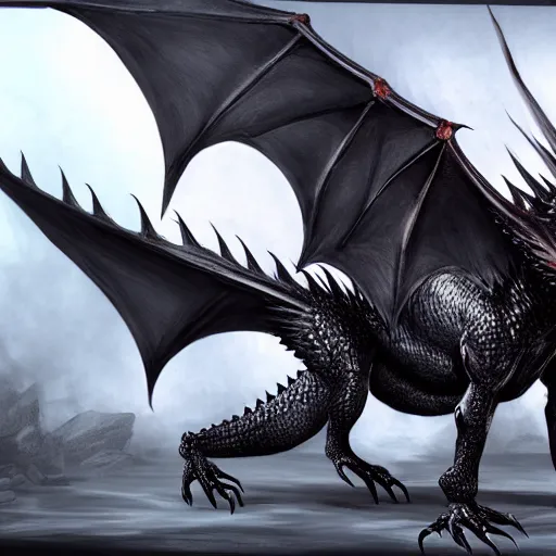 Image similar to western black dragon, realistic, highly detailed, concept art, full body, horror