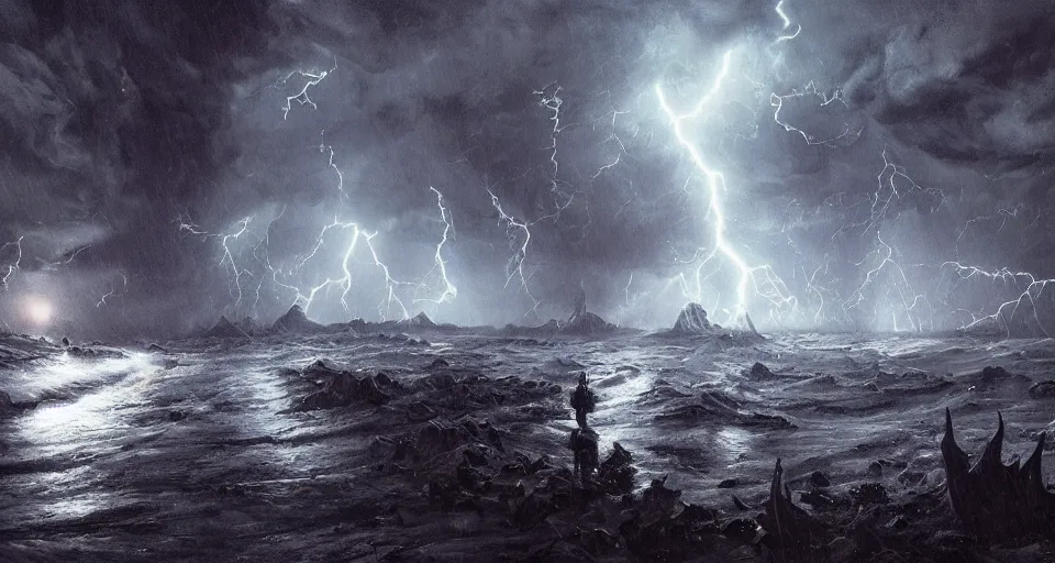 Image similar to lovecraftian eldritch!! creature!! destroying vancouver, snowy, windy, by eugene von guerard, ivan shishkin, night, lightning!!, storm!, dramatic lighting, concept art, trending on artstation, 8 k