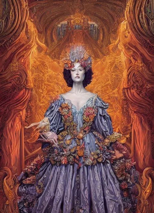 Prompt: beautiful oil painting, full length portrait of dauphinois in baroque coronation robes 1701, Dan Mumford, Dan Mumford, Alex grey, highly detailed , lsd visuals, dmt fractal patterns, hallucinogen, visionary art, psychedelic art, ornate, vaporwave, baroque, Greg rutkowski