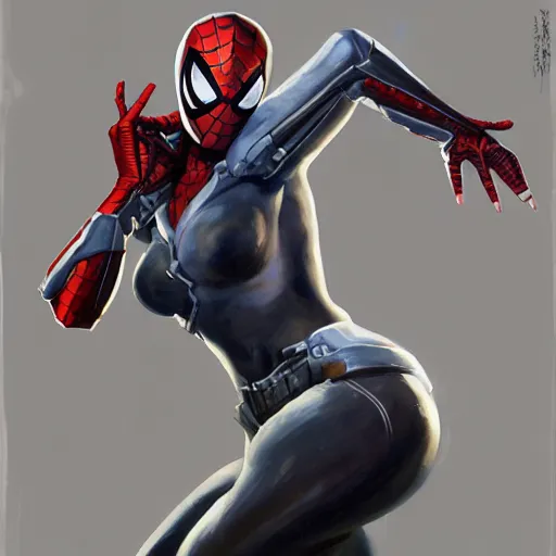 Image similar to greg manchess portrait painting of partially armored female iron spiderman as overwatch character, medium shot, asymmetrical, profile picture, organic painting, sunny day, matte painting, bold shapes, hard edges, street art, trending on artstation, by huang guangjian, gil elvgren, ruan jia, greg rutkowski, gaston bussiere