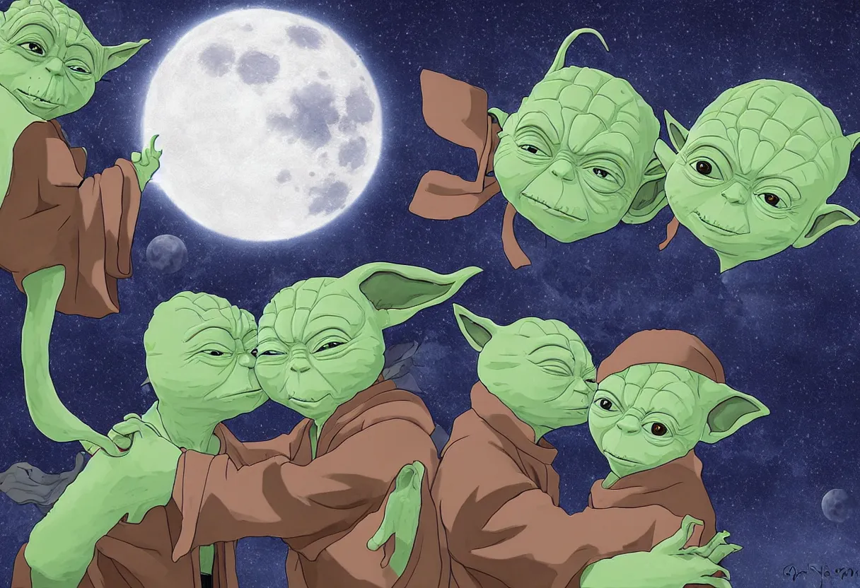 Image similar to yoda and naruto kissing under the moon