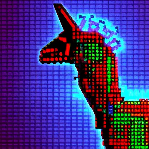 Prompt: color photo of a hyper-satanic cyber-llama.