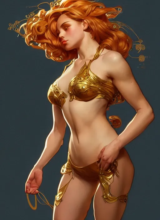 Prompt: leona from league of legends with hands clasped over head, minimal clothing, pinup pose, hyper detailed, digital illustration, illustration, trending in artstation, cinematic lighting, studio quality, sharp focus, intricate, elegant, art style by alphonse mucha and klimt and nixeu and ian sprigger and wlop and krenz cushart