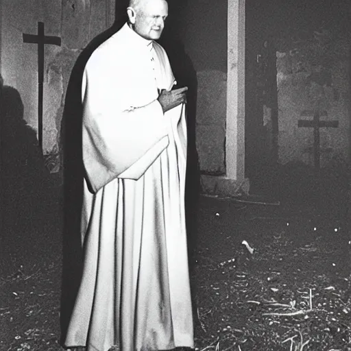 Image similar to award - winning photograph of john paul ii standing in the entrance to a small burning church building, at night, pitch black, christian cross