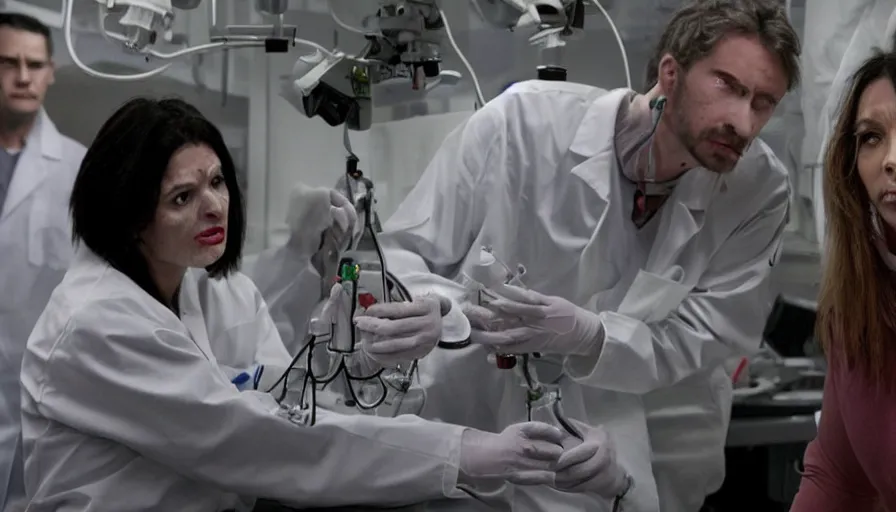 Prompt: big budget horror movie about cyborgs performing illegal organ transplants, while one beautiful female scientist watches in horror from the side