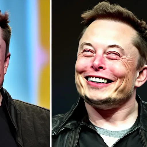 Prompt: elon musk with a pink wig laughing at sad emma watson