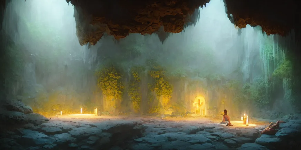 Image similar to cozy, empty bathhouse hidden in a cave, small, colorful, candlelight, towels, cushions, natural light, lush plants and flowers, elegant, smooth cave rock, fantasy, atmospheric lighting, digital painting, Greg Rutkowski, concept art