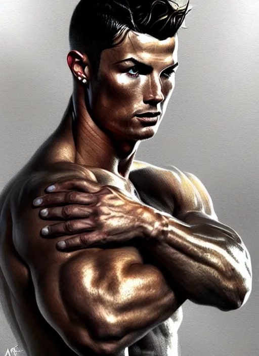 Image similar to portrait of cristiano ronaldo, d & d, muscular!, black, fantasy, intricate, elegant, highly detailed, digital painting, artstation, concept art, smooth, sharp focus, illustration, art by artgerm and greg rutkowski and alphonse mucha