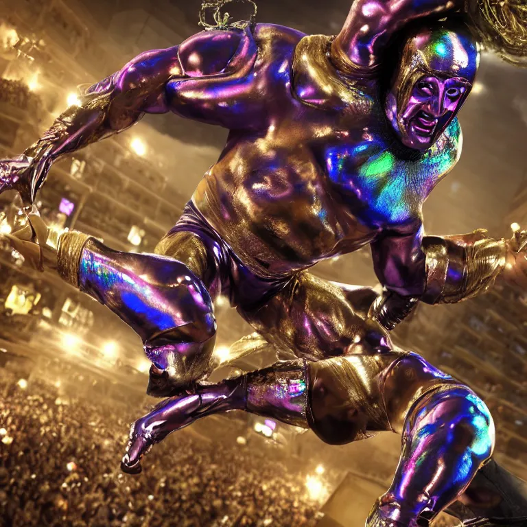 Image similar to octane render portrait by wayne barlow and carlo crivelli and glenn fabry, a giant muscular luchador wrestler wearing iridescent metallic pants and mask, leaping through the air inside a crowded rowdy arena, cinema 4 d, ray traced lighting, very short depth of field, bokeh