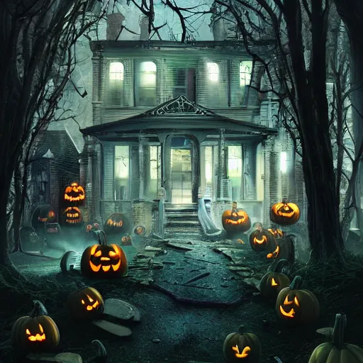 Image similar to spooky Halloween party, Fantasy Hyper detailed digital matte painting, concept art, hyperrealism, Cinema 4D, 8k resolution, 64 megapixels, coherent, bokeh, CGSociety, ZBrush Central, behance HD, hypermaximalist, a masterpiece, 4K