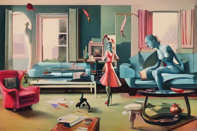 Prompt: a woman in an eclectic 1 9 5 0 s living room with a large window, sculptures in a room, an ultrafine detailed painting surrealist! painting by richard hamilton! and james jean!, josh agle, featured on cg society, neo - figurative, dynamic composition, surreal!, surrealist, academic art, colorful accents,