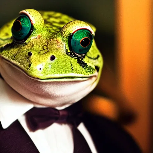 Image similar to a high detail closeup shot of a frog wearing a suit 👔,and smoking a cigarrette🚬