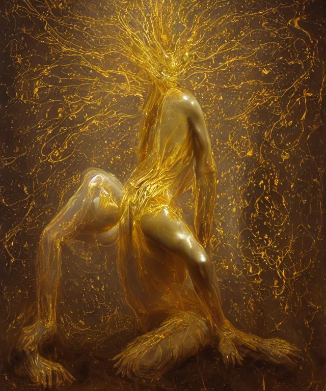 Image similar to Beautiful full-body wax sculpture of glowing transparent woman with visible gold bones covered with melted white candle wax inside the singularity where stars becoming baroque folds of black matter by Michelangelo da Caravaggio, Nicola Samori, Ilya Repin, Alex Grey, William Blake, Beksinski and Greg Rutkowski, dramatic volumetric lighting, highly detailed oil painting, octan render, 8k, masterpiece