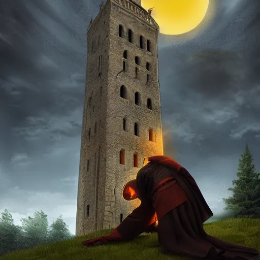 Prompt: An old catholic priest kneeled in passionate prayer at the summit of a tall medieval tower while an ominous yellow shadow is descends upon him from the night sky . Award-winning digital art, trending on ArtStation