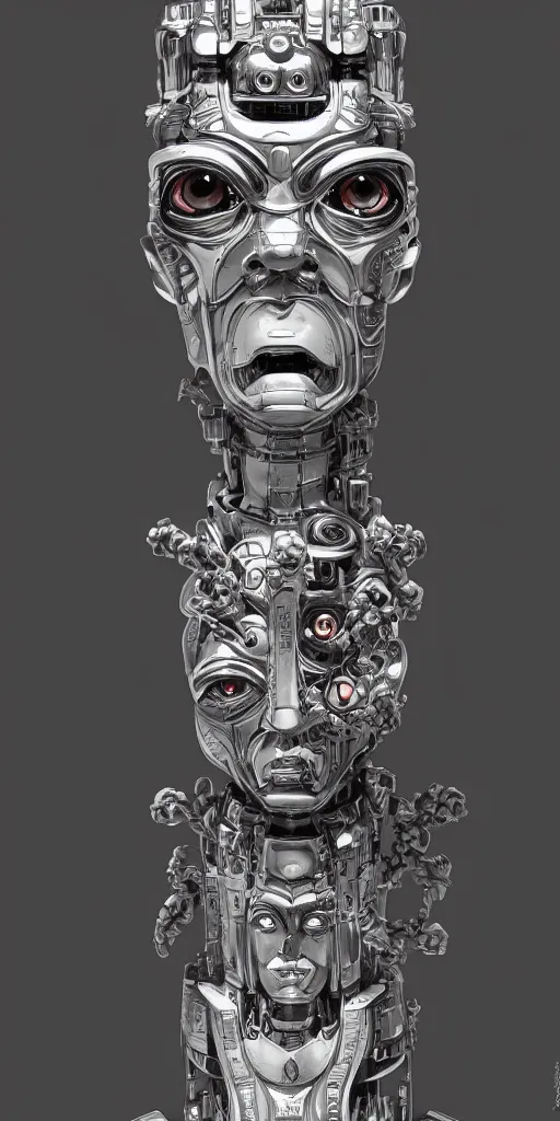 Prompt: robot head totem pole, intricate, different, artstation trending, high detail, focus, smooth, surreal, by yusuke murata, takehiko inoue, hiroya oku, makoto yukimura, shinichi sakamoto, kousuke oono