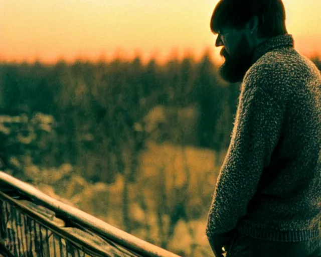 Image similar to award - winning lomographic tarkovsky film still of 4 0 years russian man with beard and sweater standing on small hrushevka 9 th floor balcony in taiga looking at sunset, cinestill, bokeh