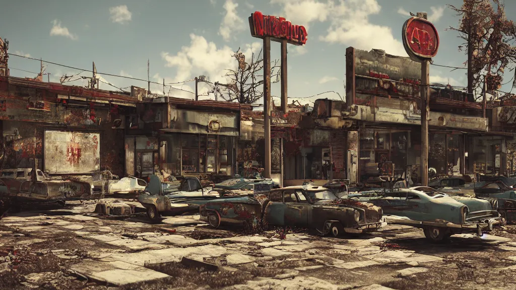 Image similar to post apocalyptic McDonald's, fallout, octane render, 4k