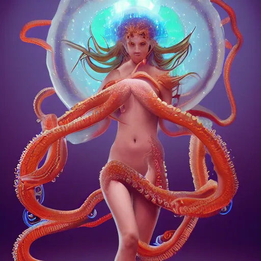 Prompt: Full body photo of the most beautiful goddess, she has a jellyfish-phoenix head's and a siren body, some tentacles are touching her, by Tooth Wu, trending on Artstation, digital art, symmetrical artwork, cinematic, hyper realism, high detail, octane render, 4k, 8k