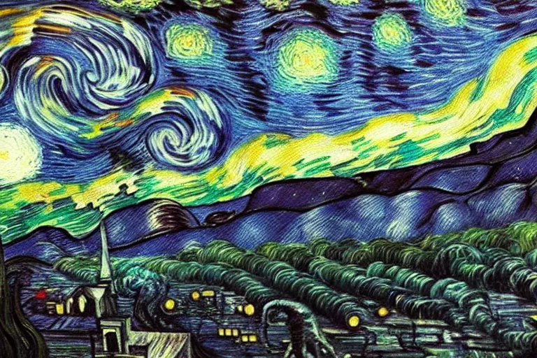 Prompt: man is seeing old god eldritch horror cthulhu terrifying the night sky of a city, epic scene oil painting hyper - detailed gigantic cthulhu, realistic dark - art painted by van gogh