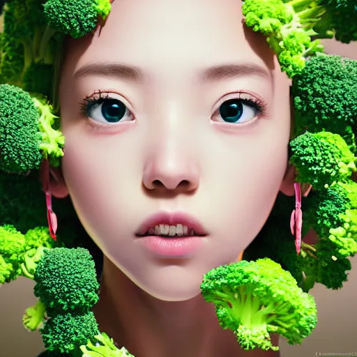 Image similar to the portrait of an unbelievably beautiful, elegant and cute japanese teen girl partially made of broccoli looking up, an ultrafine detailed illustration by james jean, intricate linework, bright colors, final fantasy, behance contest winner, vanitas, angular, altermodern, unreal engine 5 highly rendered, global illumination, radiant light, detailed and intricate environment