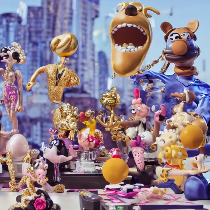 Image similar to jeff koons hip hop bauhaus style street sharks sailor moon wearing diamond grillz and a ton of bussdown iced gold bling in wallace & gromit strata - cut claymation, ultra realistic, concept art, intricate details, serious, highly detailed, photorealistic, octane render, 8 k, unreal engine