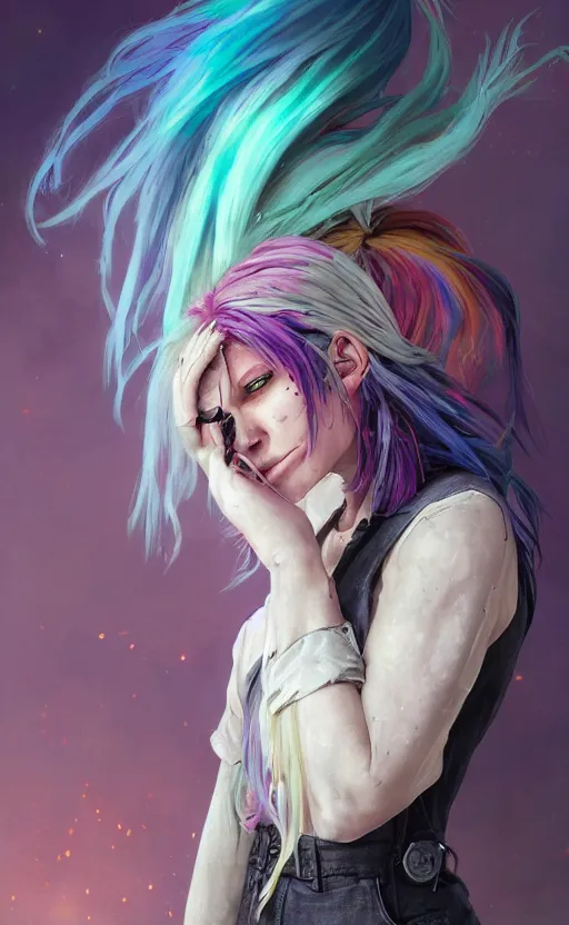 Prompt: a grungy witch woman with rainbow hair, drunk, angry, soft eyes and narrow chin, dainty figure, long hair straight down, torn overalls, basic white background, side boob, symmetrical, single person, style of by Jordan Grimmer and greg rutkowski, crisp lines and color,