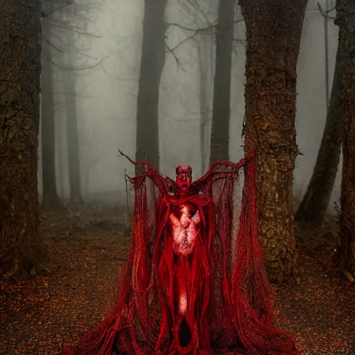 Prompt: elder demons from the abyss in a misty forest, red webs and fungus, red by emil melmoth, by rozalski, cinematic,